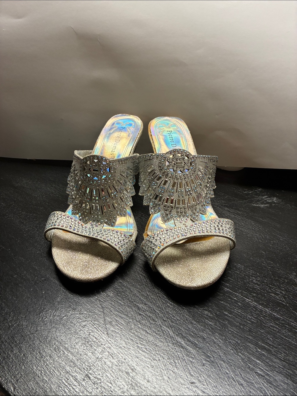 Pierre Dumas Silver Crystal Embellished Slide Mules